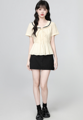 Peter Pan Collar Short Sleeve Tie Waist Shirt