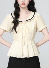 Peter Pan Collar Short Sleeve Tie Waist Shirt