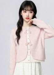 Pink Bow Layered Knit Cardigan Short Jacket
