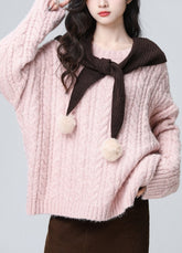 Pink Cable Knit Loose Crewneck Sweater