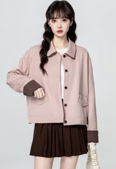 Pink Casual Colorblock Short Jacket With Turn Down Collar