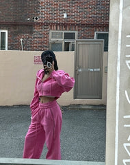 Pink Cropped Hooded Jacket And Sweatpants Set