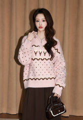 Pink Fair Isle Half Zip Pullover Sweater