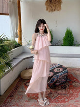 Pink Halter Neck French Style Summer Dress
