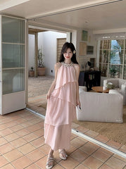 Pink Halter Neck French Style Summer Dress