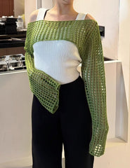 Pink Hollow Knit Cropped Sweater