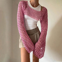 Pink Hollow Knit Cropped Sweater
