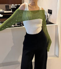 Pink Hollow Knit Cropped Sweater