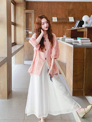 Pink Jacquard Relaxed Shirt Wide Leg Pants Set