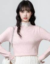 Pink Lace Trim Knit Turtleneck Sweater Top
