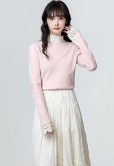Pink Lace Trim Knit Turtleneck Sweater Top