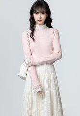 Pink Lace Trim Knit Turtleneck Sweater Top