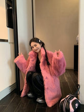 Pink Plush Winter Faux Fur Coat