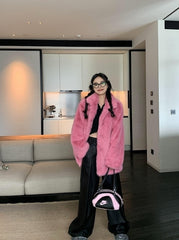 Pink Plush Winter Faux Fur Coat