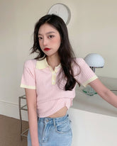 Pink Ribbed Polo Shirt With White Collar