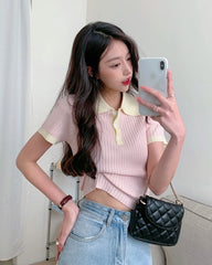 Pink Ribbed Polo Shirt With White Collar
