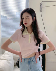 Pink Ribbed Polo Shirt With White Collar