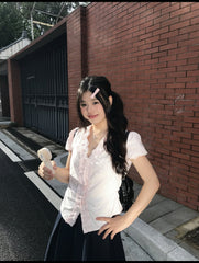 Pink Ruffle Trim Button Blouse