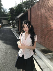 Pink Ruffle Trim Button Blouse