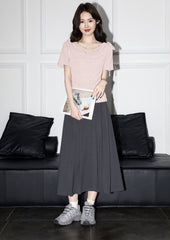 Pink Short Sleeve Tie Neck Irregular Crop Top