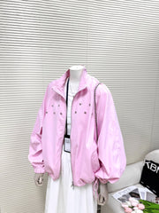 Pink Star-Accent Oversized Bomber Jacket