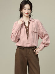 Pink Striped Collar Long Sleeve Layered V Neck Shirt