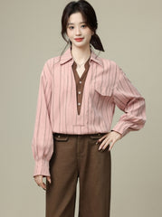 Pink Striped Collar Long Sleeve Layered V Neck Shirt