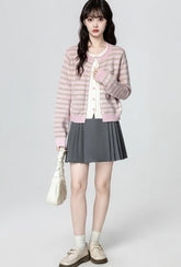 Pink Striped Knit Cardigan Contrast Short Sweater