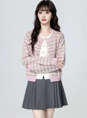 Pink Striped Knit Cardigan Contrast Short Sweater