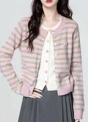 Pink Striped Knit Cardigan Contrast Short Sweater