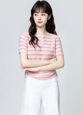 Pink Striped Ruched Short Sleeve Top