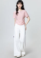 Pink Striped Ruched Short Sleeve Top