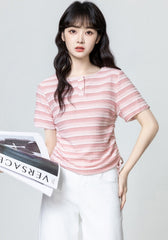 Pink Striped Ruched Short Sleeve Top