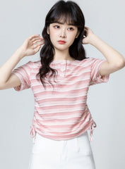 Pink Striped Ruched Short Sleeve Top