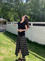 Plaid Asymmetrical Skirt And Casual Top Set