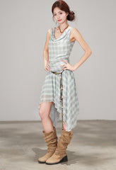 Plaid Draped Sleeveless Dress