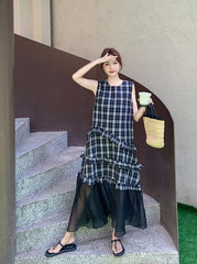 Plaid French Style Mesh Ruffle Trim Dress