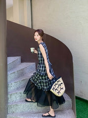 Plaid French Style Mesh Ruffle Trim Dress