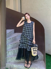 Plaid French Style Mesh Ruffle Trim Dress