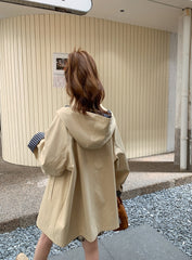 Plaid Hooded Khaki Trench Coat Stylish Spring Autumn