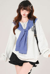 Plaid Hooded Sweatshirt Loose Slimming Gray Top