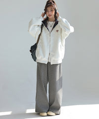 Plaid Patchwork Dachshund Embroidery Zip Up Sweatshirt