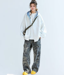 Plaid Patchwork Hooded Zip Up Sweatshirt Jacket
