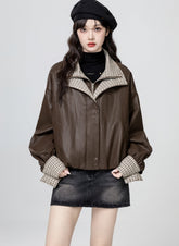 Plaid Patchwork Pu Leather Jacket Brown