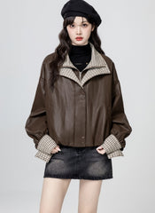 Plaid Patchwork Pu Leather Jacket Brown