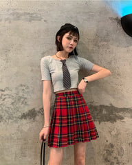 Red Plaid Pleated School Girl Skirt