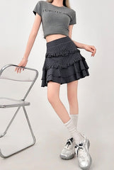 Plaid Ruffle Hem High Waist Skirt