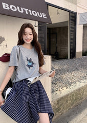 Plaid Skirt And Printed Short Sleeve Tee Set