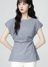 Plaid Tie Waist Ruffle Sleeve Short Sleeve Shirt