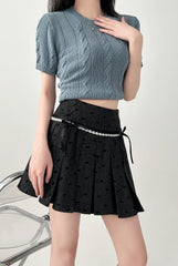 Pleated High Waist A Line Black Mini Skirt